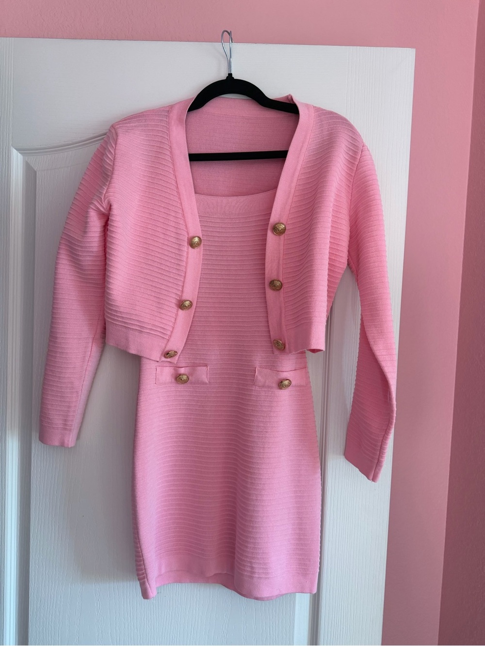 SHEIN Pink Ribbed Knit Dress & Cropped Cardigan Set